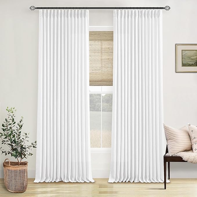 Thick Linen White Curtains 90 Inches Long for Living Room Bedroon Aesthetic Pinch Pleated Drapes with Hooks Rings Back Tab Light Filtering Semi Sheer Ceiling Floor Custom Made Memory Trained Curtain