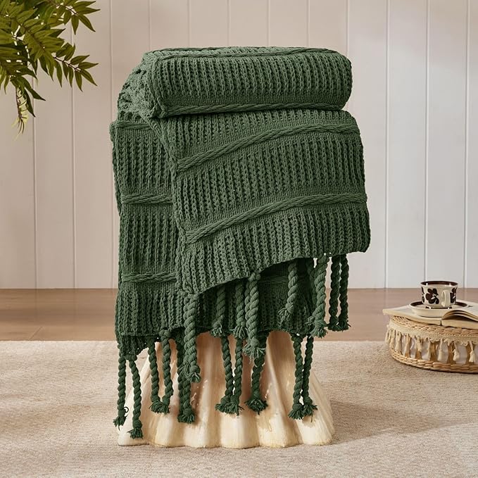 Boho Knitted Chenille Blanket with Tassels - Lightweight & Soft All-Season Throw - 3D Classic Pattern for Living Room Bedroom Couch, Imperial Green, Queen 90"x90"