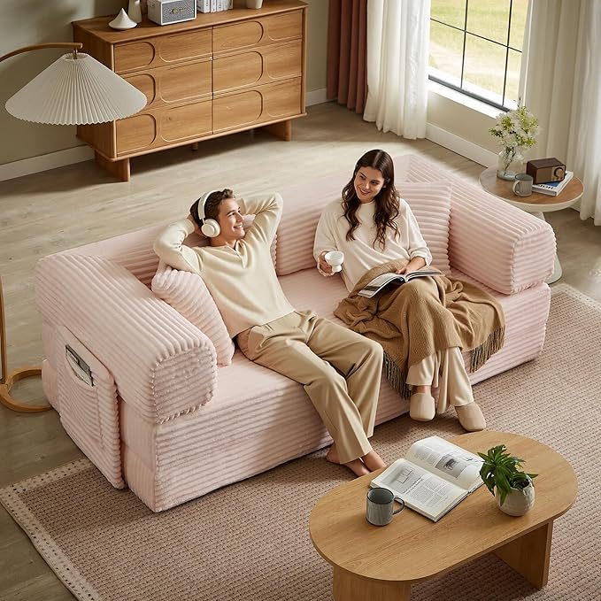 Boneless Couch Folding Couches for Living Room Sofa, Futon Sofa Bed with Sleeper Sofa, Futon Couch with Fixed-Shape Oversized Corduroy Upholstered (Pink, 81 Inches)