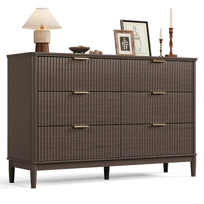 LINSY Fluted Dresser for Bedroom with 6 Drawers, Mid Century Modern Chest of Drawers with Gold Metal Handles, Wide Boho Wood Dressers, Large Farmhouse Storage Cabinet for Bedroom, Living Room, Walnut