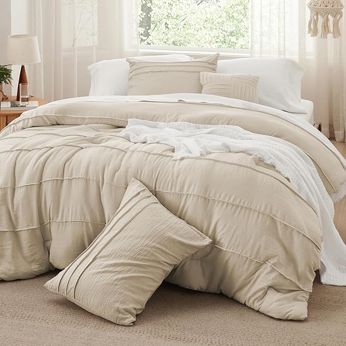 Bedsure Twin Comforter Set - 3 Pieces Pinch Pleat Bed Set, Linen Boho Bedding for All Season, 1 Soft Comforter, 1 Pillowcase, 1 Decorative Pillow