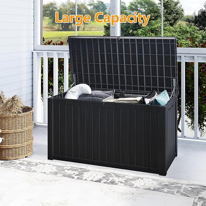 200 Gallon Outdoor Storage Box Waterproof, Resin Deck Boxes with Lockable Lid & UV-Resistant for Patio, Pool, Garden Furniture Cushions & Accessories, Black