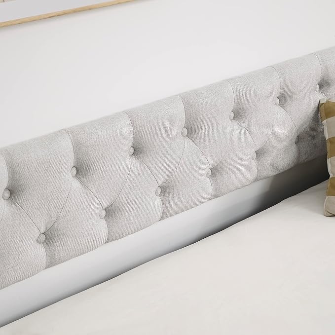 Favfurish Twin Size Daybed with Trundle,Linen Upholstered Sofa Bed W/Button on Back & Copper Nail on Waved Shape Armrests,Space Saving,No Spring Box Need,Wood Bedframe for Living Room Bedroom,Beige