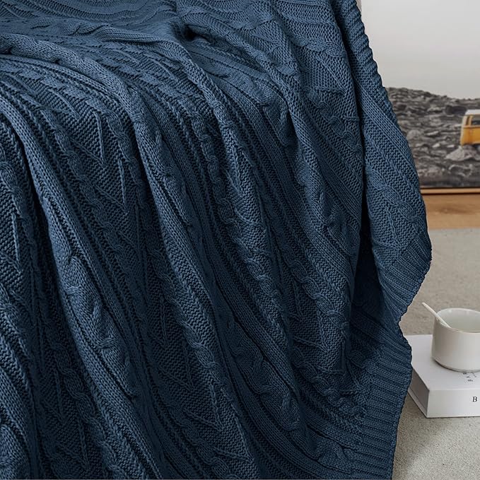Aormenzy Navy Blue Cable Knit Throw Blankets for Couch Bed Sofa, Acrylic Knitted Blanket, Soft Cozy Throw Blanket, 50" x 60"