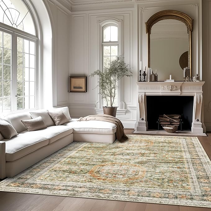 5x7 Area Rugs Green Orange Low Pile Indoor Washable Trendy Faded Style Rugs for Bedroom Living Room Dining Room Foldable Non-Slip Thin Print Mat