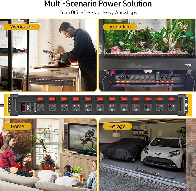 CRST Heavy Duty Metal Power Strip with Individual Switches, 12 Outlets Long Surge Protector Power Strip (1020J), 15A/1875W, 9FT Cord, Use for Garage Workshop Office School and Home...