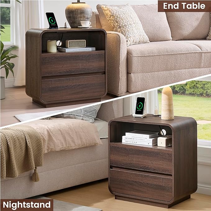 Curved Nightstand Set of 2 with Charging Station, 23.2" Wide Wood Bedside Table 2 Storage Drawers, Modern Side Table Handleless End Table, Walnut Night Stand for Bedroom, Office