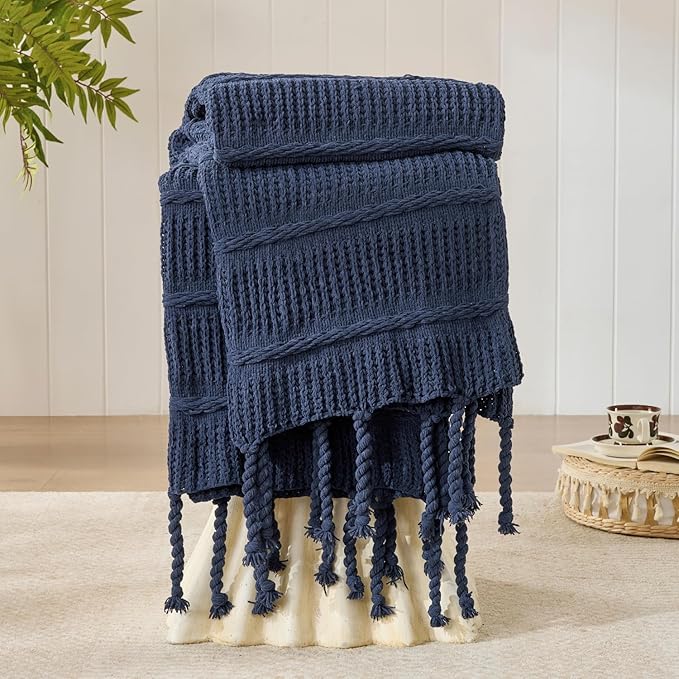 Boho Knitted Chenille Blanket with Tassels - Lightweight & Soft All-Season Throw - 3D Classic Pattern for Living Room Bedroom Couch, Royal Blue, Twin 60"x80"