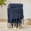 Boho Knitted Chenille Blanket with Tassels - Lightweight & Soft All-Season Throw - 3D Classic Pattern for Living Room Bedroom Couch, Royal Blue, Twin 60"x80"