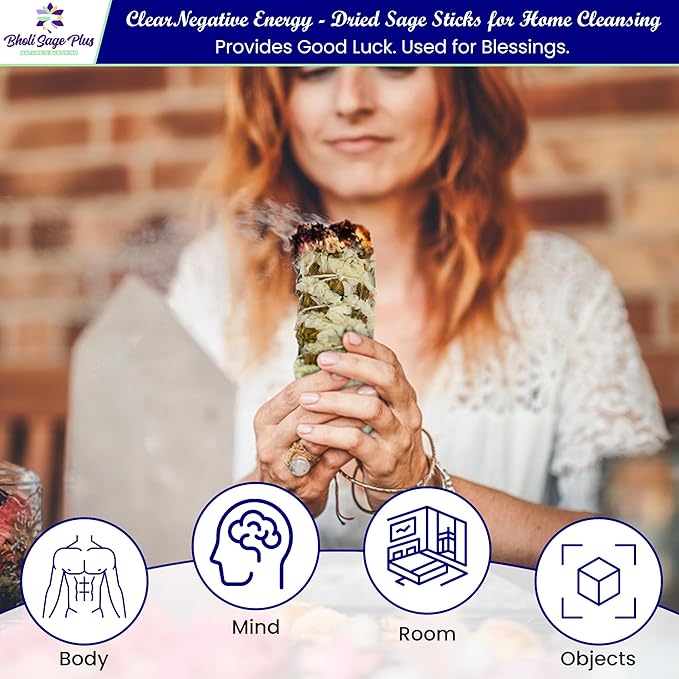 Sage Smudge Kit for Cleansing Negative Energy and Cleansing Home Sinuata, Dragon Blood, Cinnamon and Triple Flower Dried - 4'' Long Pack of 4 White California Sage Sticks