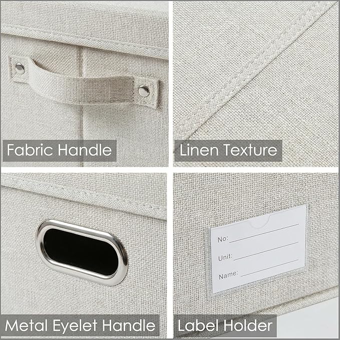 PRANDOM Storage Bins with Lids [3-Pack] Linen Fabric Foldable Storage Boxes Organizer Containers Baskets Cube with Cover Beige (23.4X15.9X11.4)