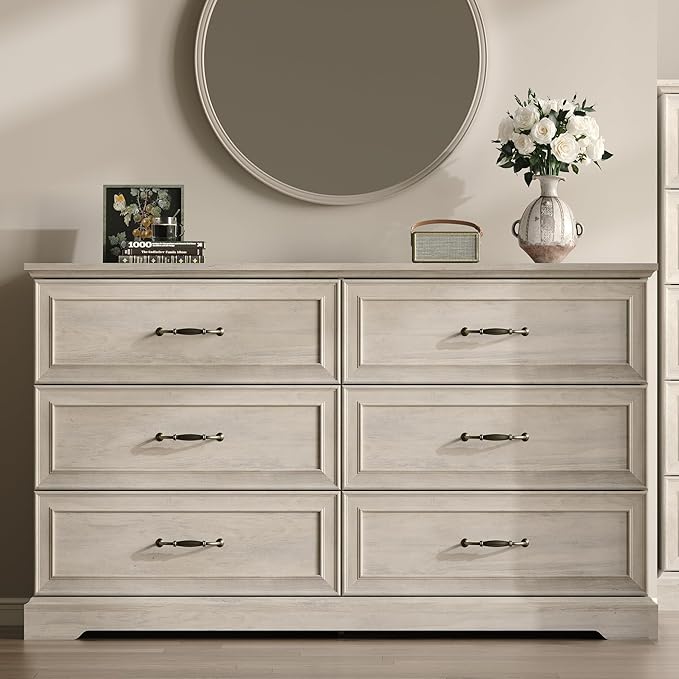 Farmhouse 6 Drawers Dresser for Bedroom, 54" Wide Modern Chest of Drawers with Deep Drawers & Bar Handles, Rustic Wood Dresser TV Stand, Wooden Closet Storage Organizer for Living Room, Hallway, Grey