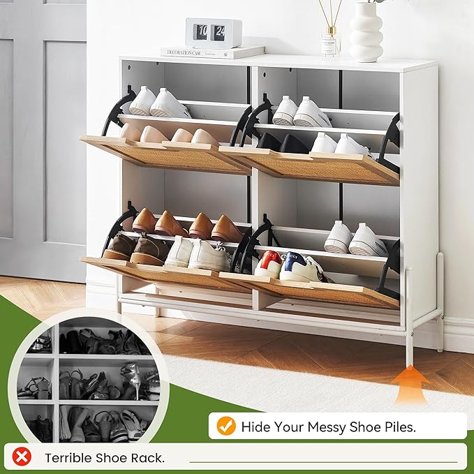 IDEALHOUSE Rattan Shoe Storage Cabinet with 4 Flip Drawers, Freestanding Shoe Organizer with Adjustable Shelves for Entryway, Narrow Shoe Rack Cabinet, Farmhouse Slim Shoe Cabinet, White