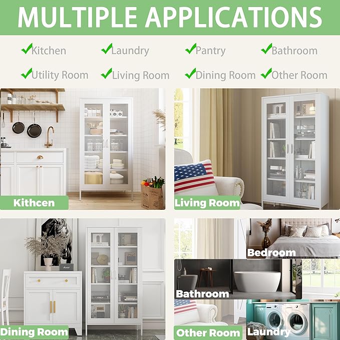 COFaR Modern Mesh Storage Cabinet, Free Standing Tall Pantry, Cupboard Metal Display Cabinet for Living Room, Kitchen, Dining Room
