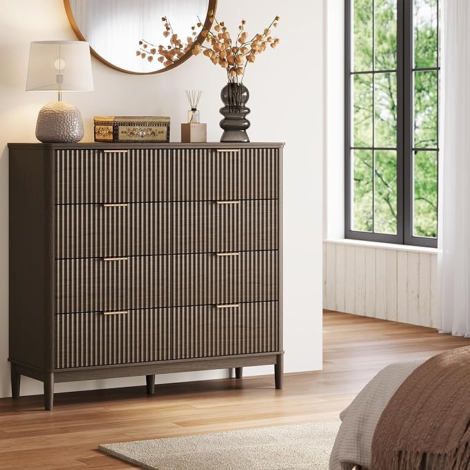 LINSY Fluted Dresser for Bedroom with 8 Drawers, Mid Century Modern Chest of Drawers with Gold Metal Handles, Wide Boho Wood Dressers, Large Farmhouse Storage Cabinet for Bedroom, Living Room, Walnut