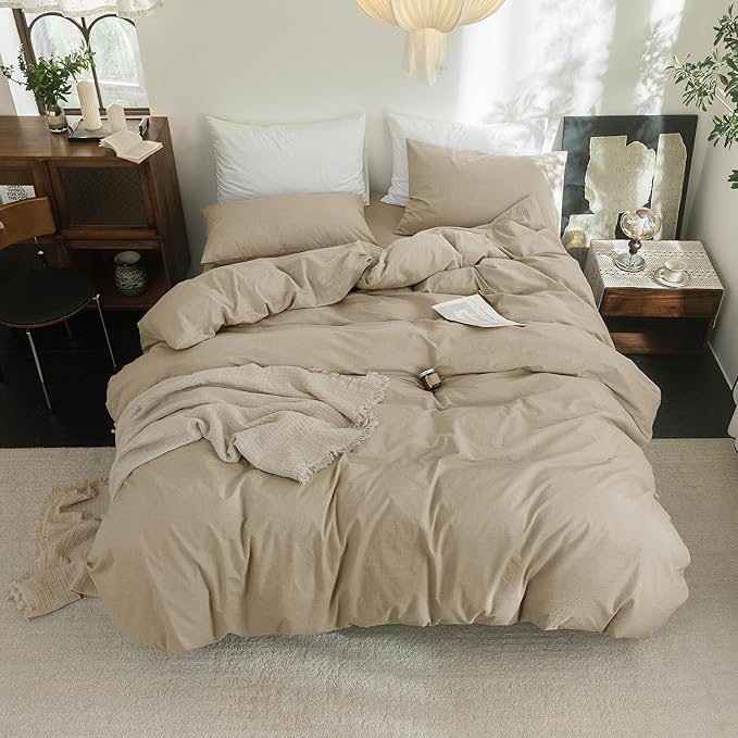 FOSSA Duvet Cover Set 100% Washed Cotton Linen Feel Super Soft Breathable Cozy 3 Pieces Bedding Sets Solid Light Khaki Queen