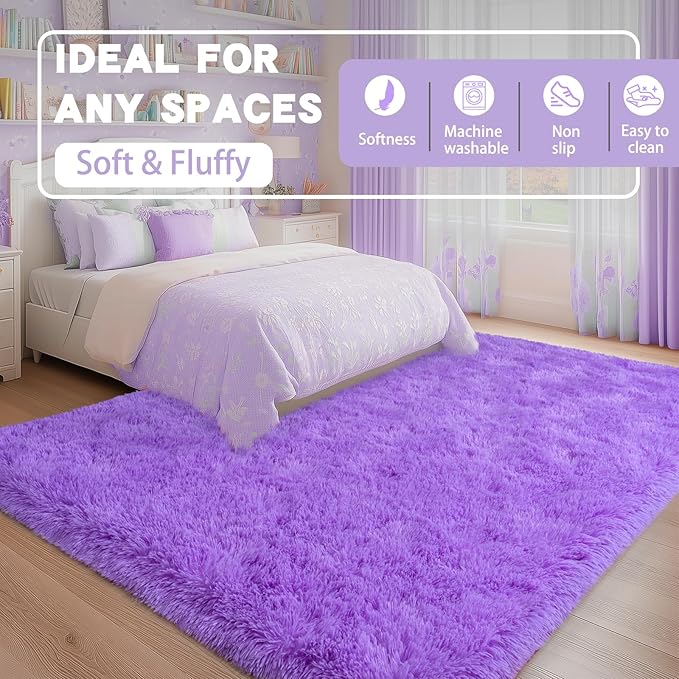 Shag Rugs 8x10 Purple Rug for Living Room Bedroom Decor, Large Fluffy Shaggy Rug for Kids Girls Dorm, Soft Fuzzy Plush Carpet