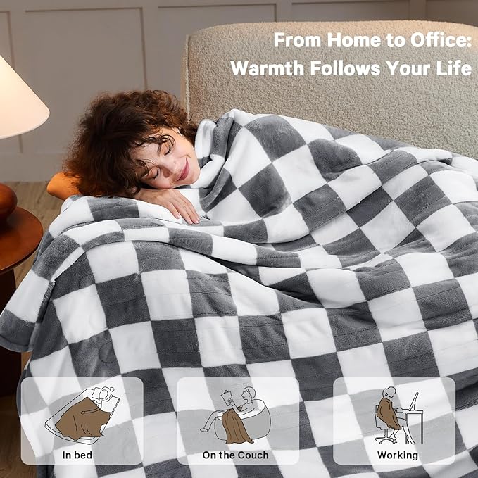 Heated Electric Blanketc Throw, 50X60 Heating Blanket with 10 Heat Level & 8 Hour Auto Off for Lap, Light Gray Checkered Plaid Sherpa Blankets Warmer Gift for Couch Grandma Women Adults Washable
