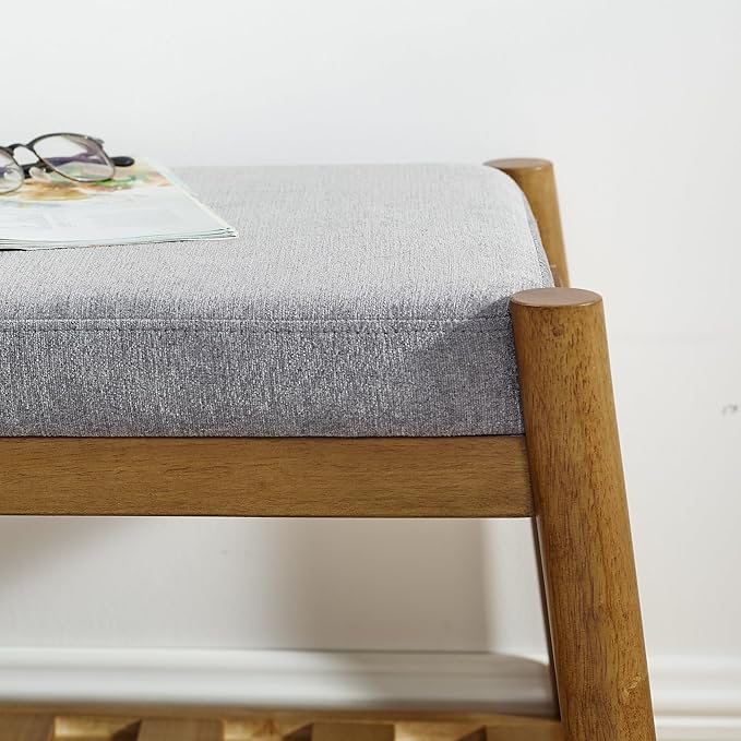 Upholstered Entryway Bench, Bedroom Bench for End of Bed, Dining Bench with Padded Seat for Kitchen, Living Room, Fabric Rubber Wood Indoor Bench (Grey)