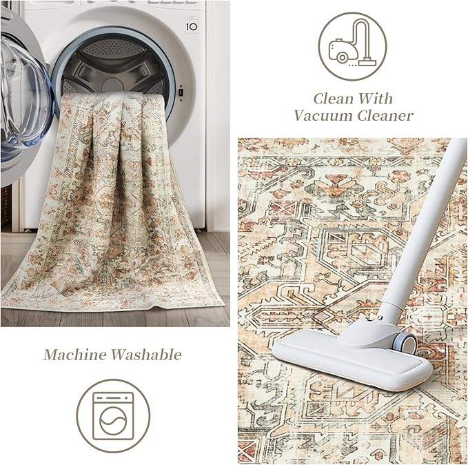 zesthome 9x12 Area Rugs-Washable Rug for Living Room, Non-Slip Backing Rugs, Stain Resistant Rug for Bedroom, Ultra-Thin Low Pile Rugs, Vintage Large Home Decor