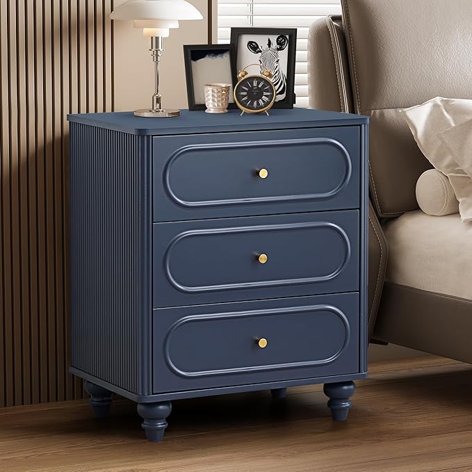 3 Drawer Fluted Dresser for Bedroom, Mid Century Modern Chest of Drawers, Wood Storage Small Dresser Organizer for Bedroom Living Room Hallway Closet, Blue