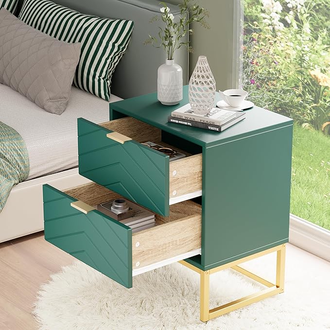 Anbuy 9 Drawer Dresser and Nightstand Sets for Bedroom, Night Stand Set of 2 & 9 Drawer Dresser with Gold Handles, 3 Pieces Bedroom Sets, Morden Wood Chest of Drawers Storage Cabinet Set, Green