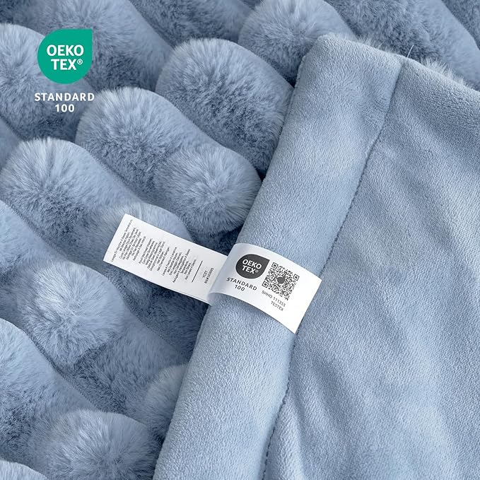 Cozy Bliss Faux Fur Throw Blanket for Couch, Cozy Warm Plush Striped Blanket for Sofa Bedroom Living Room, 108 * 90 Inches Light Blue