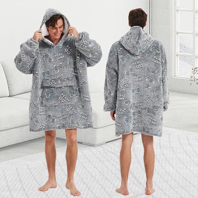 Glow in The Dark Game Controller Wearable Blanket Hoodie for Adult,Oversized Sherpa Fleece Blanket Hoodie for Women Men,Gamer