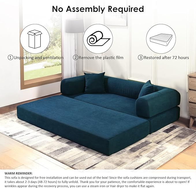 80" Convertible Sofa Bed, 3-in-1 Corduroy Folding Pull Out Couch with Pillows, No Assembly Modern Boneless Couch Compression Sofa in Box, Floor Sofa with Side Storage Pocket for Living Room,Dark Blue