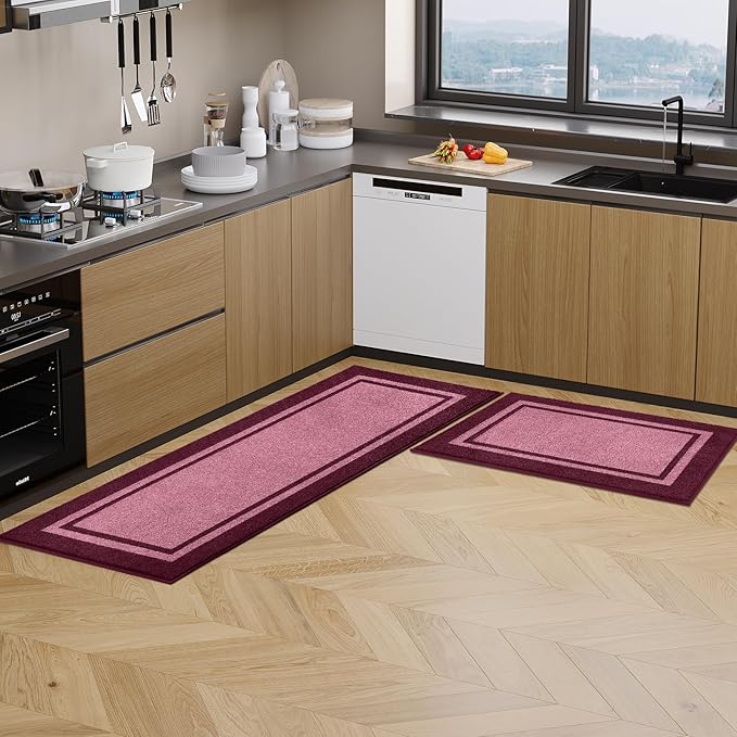 Kitchen Rugs 24" x 36", Non-Slip Machine Washable Kitchen Runner Rugs Floor Mats, Absorbent Comfort Standing Mats for Kitchen, Sink, Laundry and Hallway, Pink & Burgundy Red