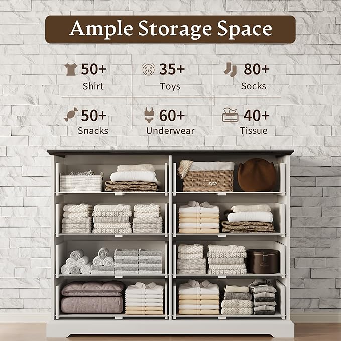 Farmhouse 8 Drawers Dresser for Bedroom, 54" Wide Modern Chest of Drawers with Deep Drawers & Bar Handles, Rustic Wood Dresser TV Stand, Wooden Closet Storage Organizer for Living Room, Hallway, White