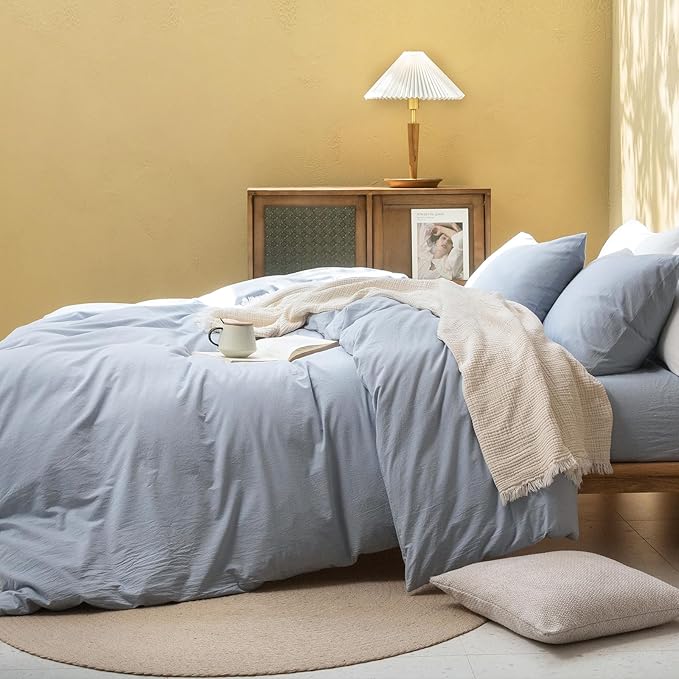FOSSA Duvet Cover Set 100% Washed Cotton Linen Feel Super Soft Breathable Cozy 3 Pieces Bedding Sets Solid Cornflower Blue Oversized Queen