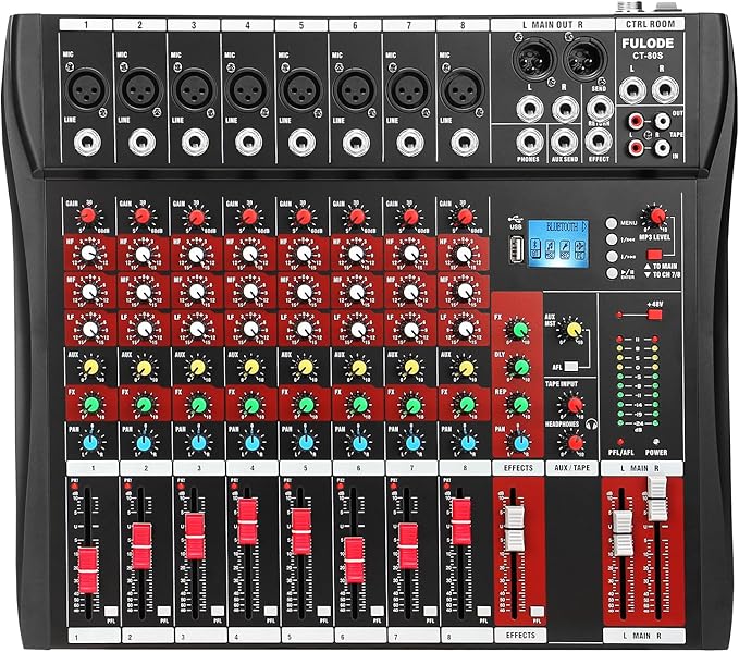 8 Channel Audio Mixer, Professional Music Mixer Board DJ Mixing Console with Bluetooth, USB/MP3 Player, Reverb, and 48V Phantom Power for Studio Recording, Karaoke, and Live Performances