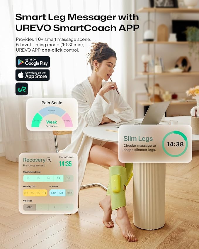 UREVO Smart Calf Massager with AI Massage Adaptation, Air Compression – Cordless Leg Massager for Circulation, Relaxation & Leg Sculpting – 3 Modes & 3 Intensities, Adjustable Heat, Long Battery