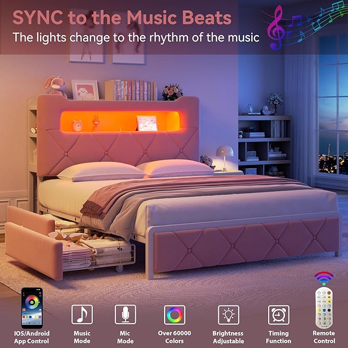 Full Upholstered LED Bed Frame with 2 Storage Drawers and 2-Tier Storage Headboard, Velvet Princess Platform Bed with Charging Station & Bookcase, Heavy Duty Metal Support, No Box Spring Needed, Pink
