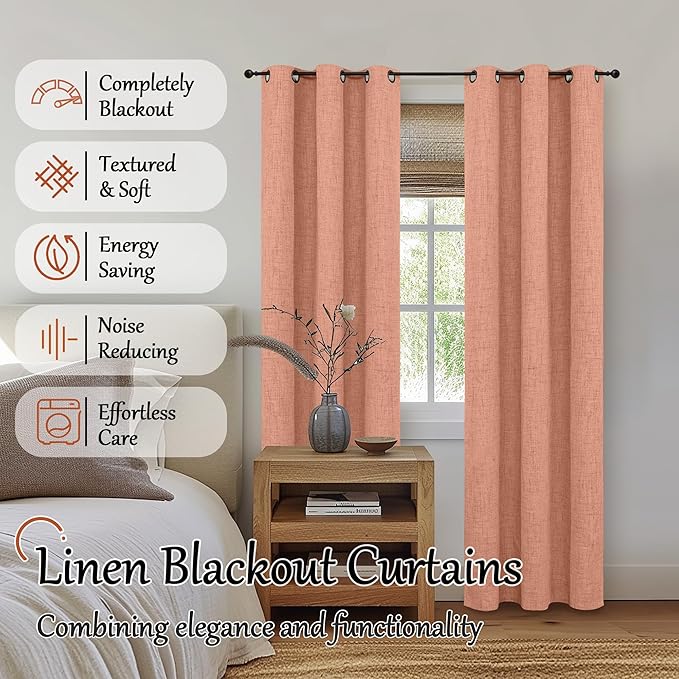 Linen Blackout Curtains 80 Inch Long for Living Room Narrow Window, 38 Inch Wide Thermal Insulated Complete Light Blocking Soundproof Small Curtains for Bedroom, 38x80 Inch 2 Panels, Terracotta