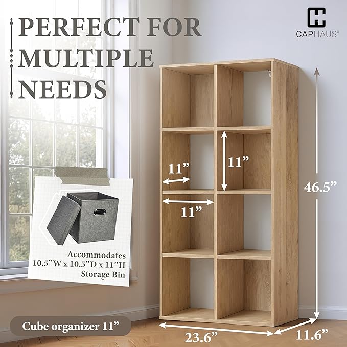 CAPHAUS Sturdy Room 11-Inch Cube Storage Organizer Shelf, with Thick Exterior Edge, Storage Shelf Divider w/Back, Bookcase, 8-Cube, Natural Oak