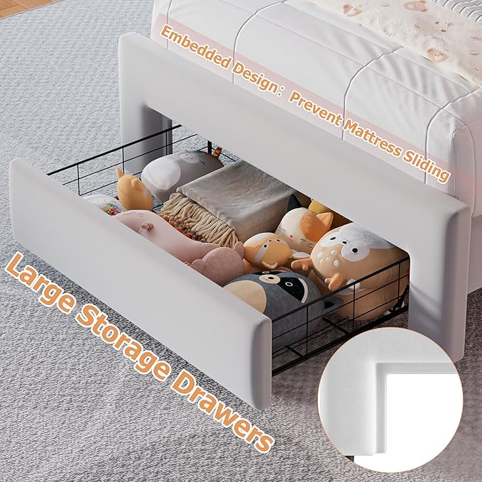 Velvet Upholstered Twin LED Bed Frame with Storage Drawer and Adjustable Double Wavy Headboard, Princess Platform Bed for Kids/Girls/Boys, Solid Wood Slats Support,No Box Spring Needed,Grey