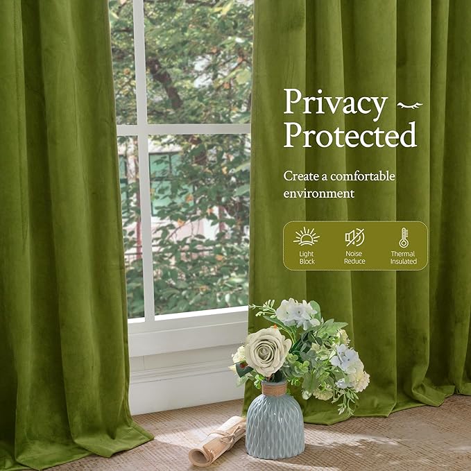 LAMIT Velvet Curtains for Living Room 96 Inch, Vintage Blackout Thermal Insulated Panels Super Soft Back Tab and Rod Pocket Room Darkening Window Drapes for Bedroom, 2 Panels, Moss Green 52 x 96 Inch