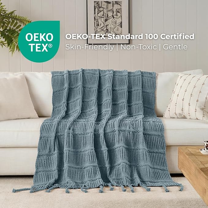 Boho Knitted Chenille Blanket with Tassels - Lightweight & Soft All-Season Throw - 3D Classic Pattern for Living Room Bedroom Couch, Celestial Blue, Throw 50"x60"
