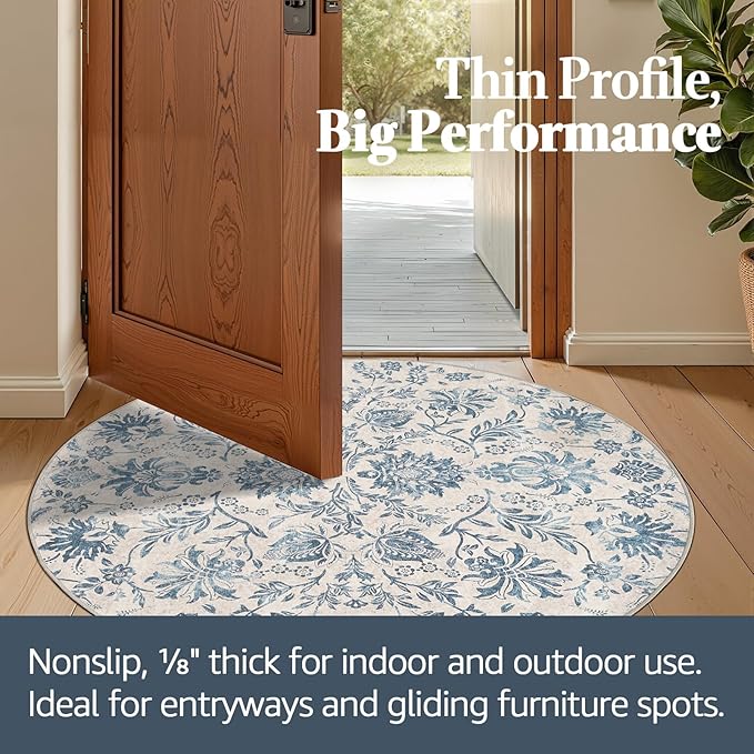 jinchan Torino Classic Floral Round Rug 5ft, Vintage-Inspired Design 5’Circle Rug, Machine Washable Ultra-Thin Low-Pile Non-Slip Indoor Carpet for Bedroom Dining Room Living Room Entryway, Dark Blue