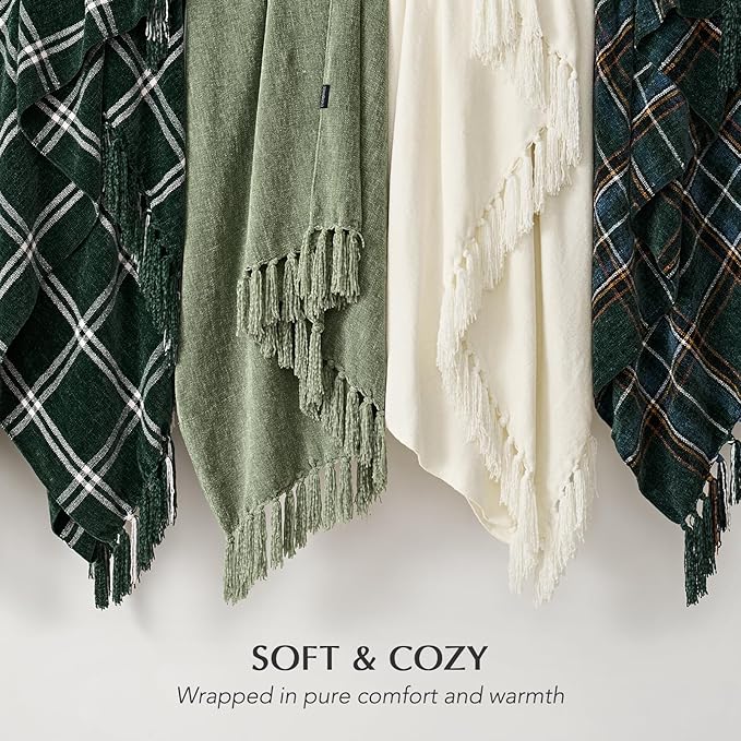 EVERGRACE Soft Chenille Throw Blanket for Couch, Cozy Plush Fuzzy Decorative Chenille Knit Throw Blanket with Tassels, Lightweight Blanket and Throws for Bed Sofa Gift Home Decor, Sage Green 50"x60"
