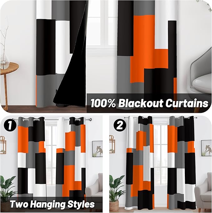 Orange 100% Blackout Curtains for Bedroom 72 inch Length 2 Panels Set White Grey Modern Abstract Geometric Black Out Curtains Insulated Room Darkening Window Drapes for Living Room, 42Wx72L