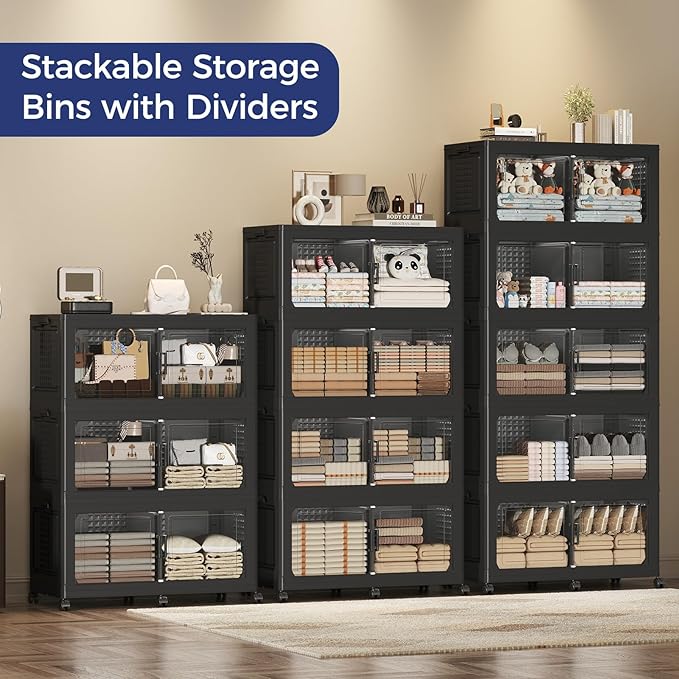250GAL Extra Large Storage Bins with Lid, 1000Qt Stackable Closet Organizers and Drawers, Collapsible Storage Bins with Wheels, Folding Containers for Home, Kitchen Office, 5Pack Black