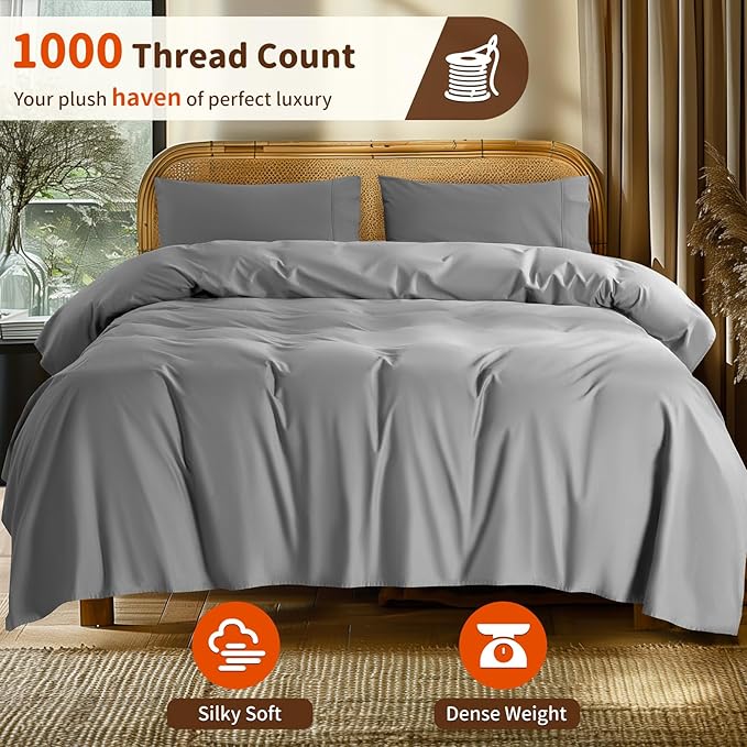 LBRO2M 1000 Thread Count 100% Egyptian Cotton Sheets Set Twin XL, 3 Piece Sets Bed Sheet Deep Pocket Sheet Set 16" Soft Comfortable All Season (Twin XL, Gray)