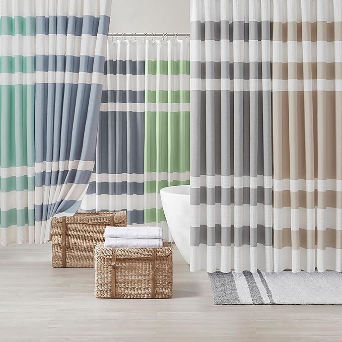 Madison Park Shower Curtain Waffle Weave Striped Pieced Design Fabric Shower Curtains for Bathroom with 3M Scotchgard Moisture Management Premium Spa Quality Modern Standard 72"x72" Grey
