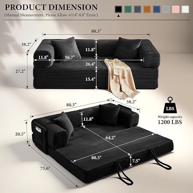Boneless Couch Folding Couches for Living Room Sofa, Futon Sofa Bed with Sleeper Sofa, Futon Couch with Fixed-Shape Oversized Corduroy Upholstered (Black, 81 Inches)