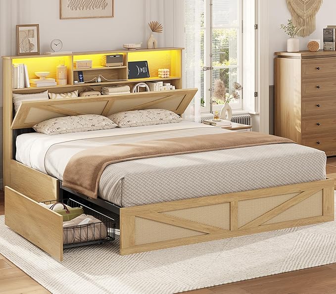 VIAGDO Rattan Bed Frame Queen Size with Bookcase Storage Headboard, Charging Station and LED Lights, Wooden Queen Bed Frame with 4 Drawers, Barn Door Design, No Box Spring Needed, No Noise, Natural