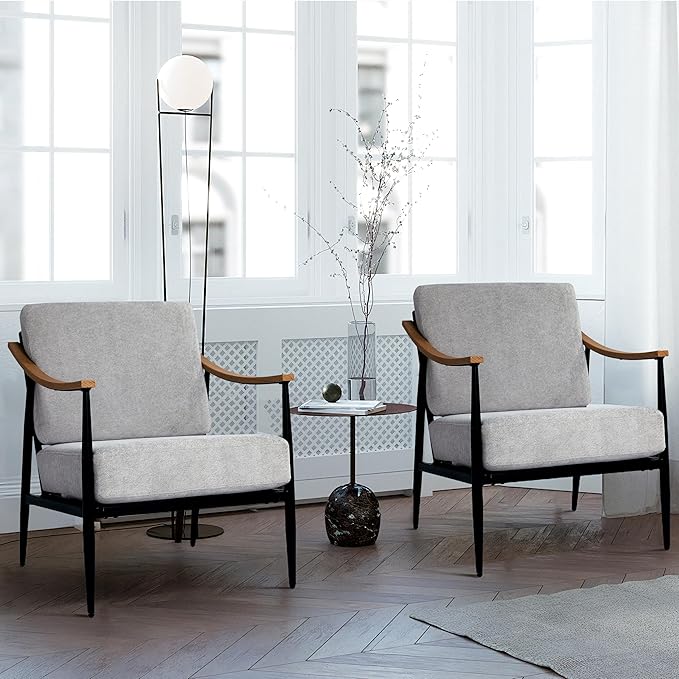 Modern Accent Chairs Set of 2 for Living Room Bedroom Mid Century Arm Chairs Upholstered Office Accent Chairs Comfy Waiting Room Chairs with Metal Frame, Grey