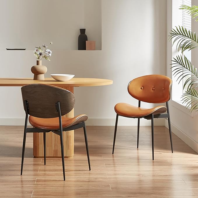 Art Leon Mid Century Modern Dining Chairs, Set of 2, Faux Leather Kitchen Dining Room Chairs, Armless Accent Chairs with Metal Legs, Gray Oak/Brown